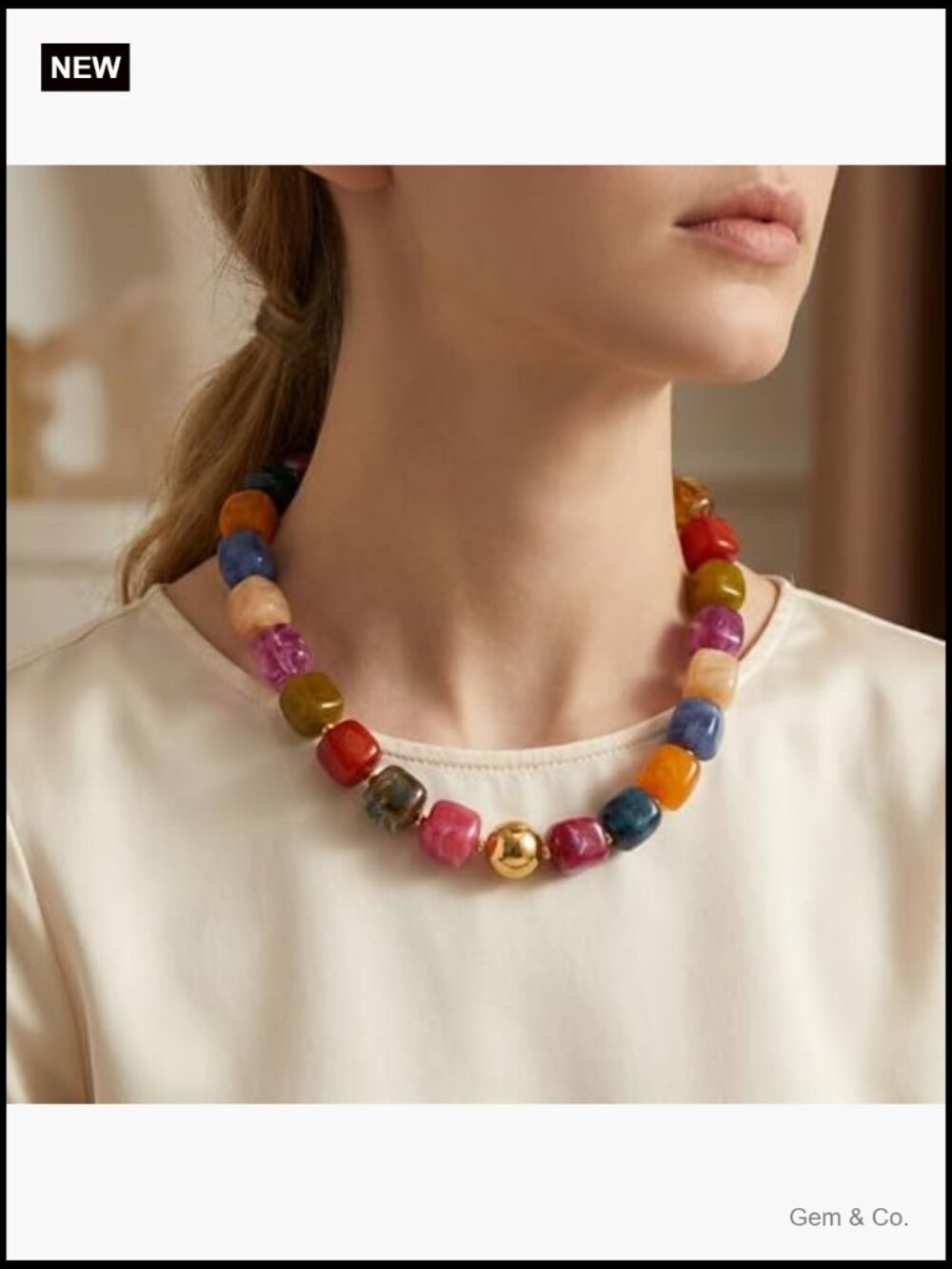 Boho Large Square Acrylic Beaded Choker Necklace Adjustable Strand - Picture 2 of 7